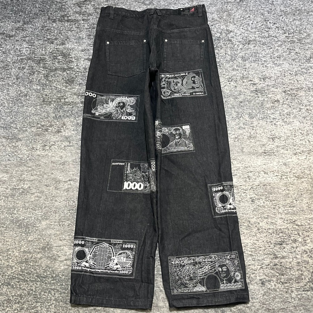 Vintage BoomX Jeans Mens 34x32 Black Embroidered Money Hip-Hop Streetwear Y2K‎